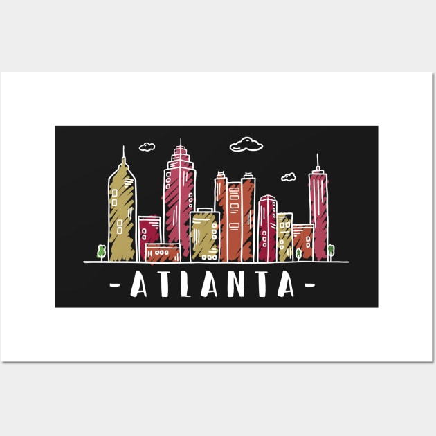 Atlanta Skyline. United States Colored Hand Drawn Style Wall Art by RajaGraphica